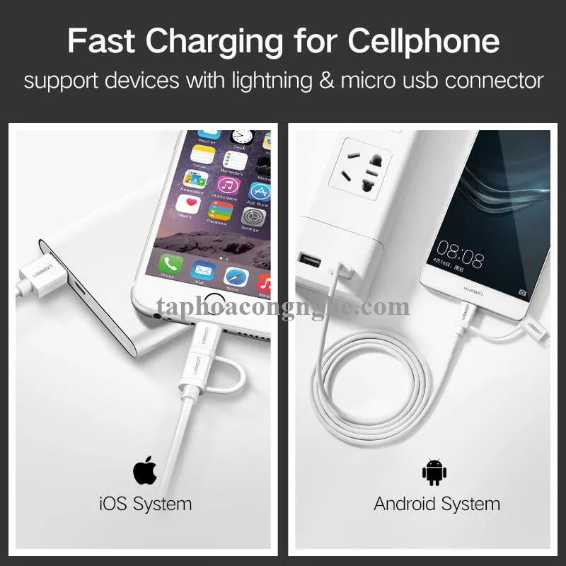 Ugreen 20875 0.5M màu Trắng Cáp sạc đa năng USB sang MicroUSB + Lightning US178 30020875